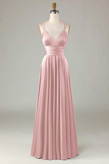 Blu polveroso Abito da damigella d'onore lungo verde senza maniche a trapezio